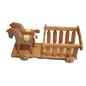 Vintage Wooden Folk Art Toy Horse Drawn Carriage
